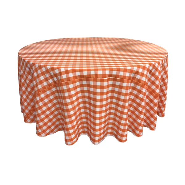 La Linen Polyester Gingham Checkered 120x22 Round Tablecloth, White and Orange