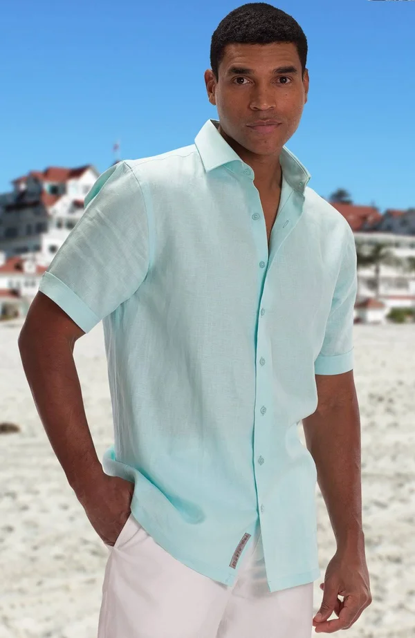 Men's Short Sleeve Linen Beach Wedding Shirt in Spa Green