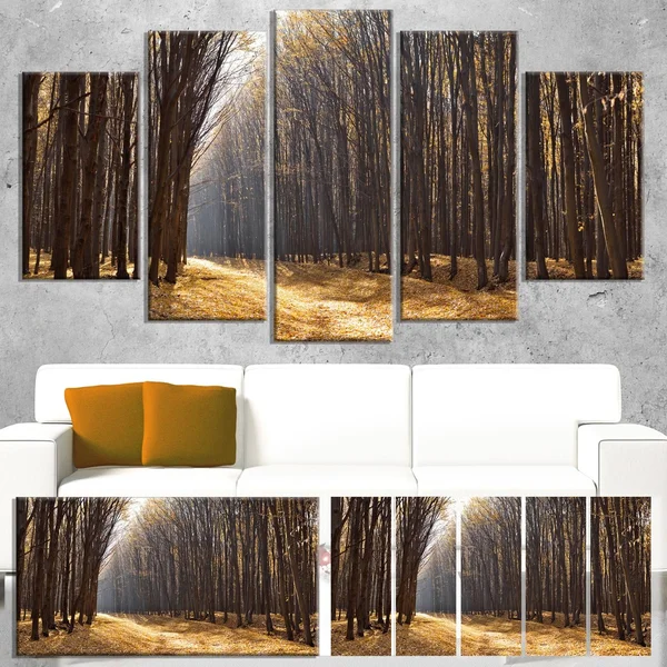 Design Art 'Light in The Forest Path Panorama' 5 Piece Photographic Print on Wrapped Canvas Set, Brown