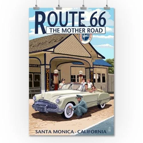 Santa Monica - California - Route 66 - Service Station - Lantern Press Artwork (36x54 Giclee Gallery Print, Wall Decor Travel Pos