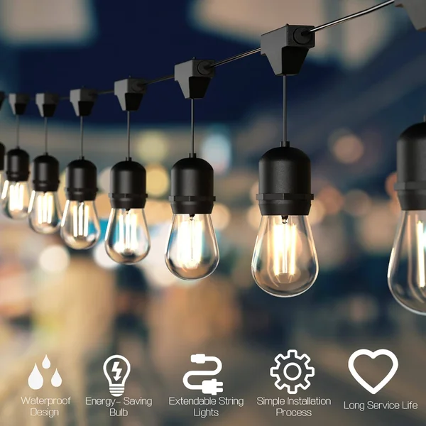 Outdoor LED String Lights Commercial Grade Weatherproof Patio Lights - Black - Length: 19.5ft