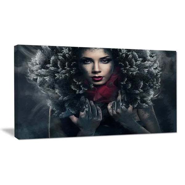 Design Art Passionate Woman in Feather Hood - Art Portrait Canvas Print, 60 x 28 5 Equal Panel
