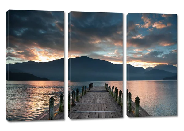30 x 20 - Cloudy Lake Docks During Sunset Canvas Print - 3 Panel Split, Triptych Wall Art