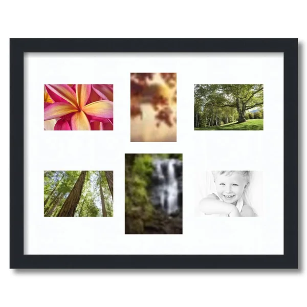 Collage Picture Frame - Satin Black Frame with 6 openings for 5x7 Photos with Super White Mat. D3926T364, ArtToFrames