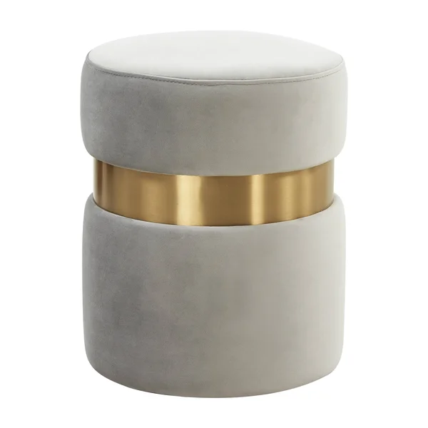LeisureMod Troy 14.6x22 Round Velvet Ottoman Light Grey