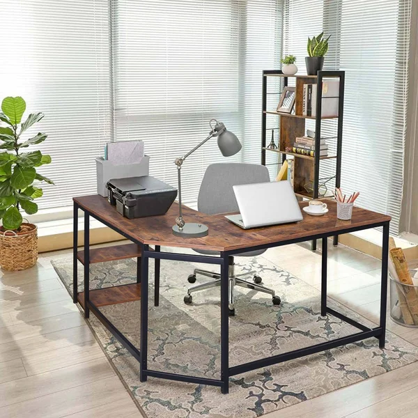 Veikous 53.5 in. W Industrial L-Shaped Computer Writing Corner Desk with 2-Shelves