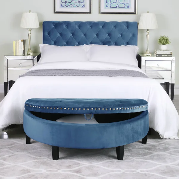 Chic Home Jacqueline Teal Velvet Nailhead Half Moon Storage Ottoman