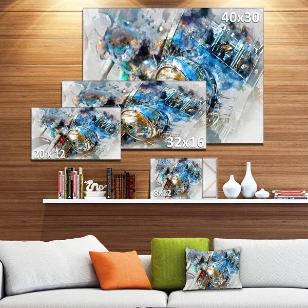 Designart &Motorcycle Headlight Watercolor & Contemporary Canvas Art Print, Size: 40 inch x 30 inch, Gray