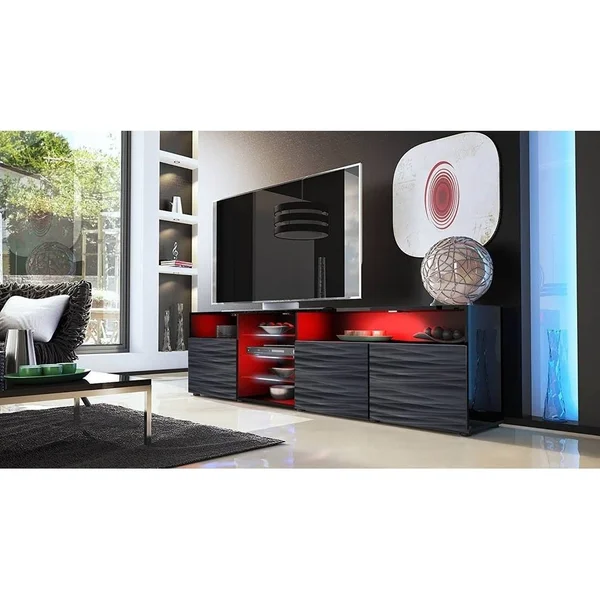 Roma 79 inch Wide Glossy TV Stand with 16 Color LEDs Black wavyblack