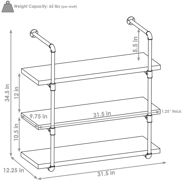Sunnydaze Industrial Style 3-Tier Wall Bookshelf - Black Pipe Frame - Teak