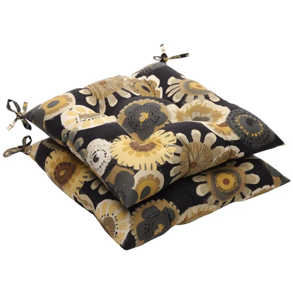 Pillow Perfect Outdoor Floral Tufted Seat Cushion - 19 x 18.5 x 5 in. - Set of 2, Black