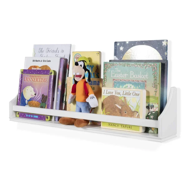 Brightmaison 1 White Molding Design Children's Wall Shelf Birch Wood 30 inch Multi-Use Bookcase Toy Game Storage Display Organiz
