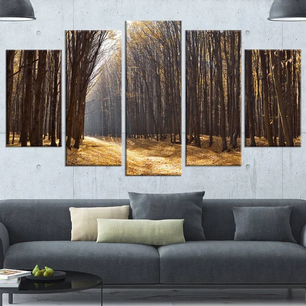 Design Art 'Light in The Forest Path Panorama' 5 Piece Photographic Print on Wrapped Canvas Set, Brown