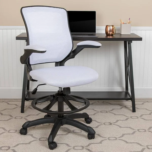 Alamont Mid-Back White Mesh Ergonomic Drafting Chair with Adjustable Foot Ring and Flip-Up Arms [BL-ZP-8805D-WH-GG]
