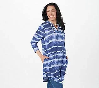 Koolaburra by Ugg French Terry 3/4 Sleeve Hooded Lounger, Size Large, ChambrayShibori