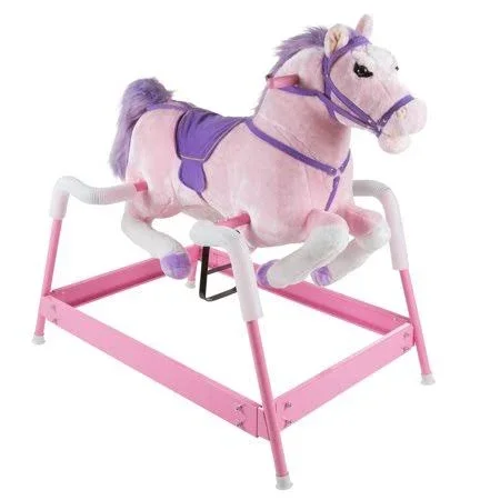Spring Rocking Horse Plush Ride on Toy with Adjustable Foot Stirrups and Sounds for Toddlers to 5 Years Old by Happy Trails - Pi