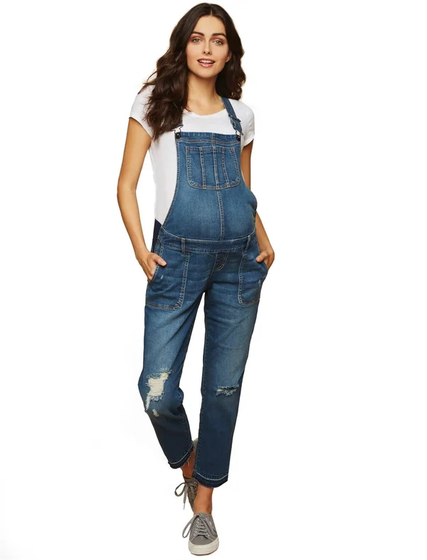 Indigo Blue Side Panel Letdown Hem Maternity Overalls in Medium Wash - S - Motherhood Maternity