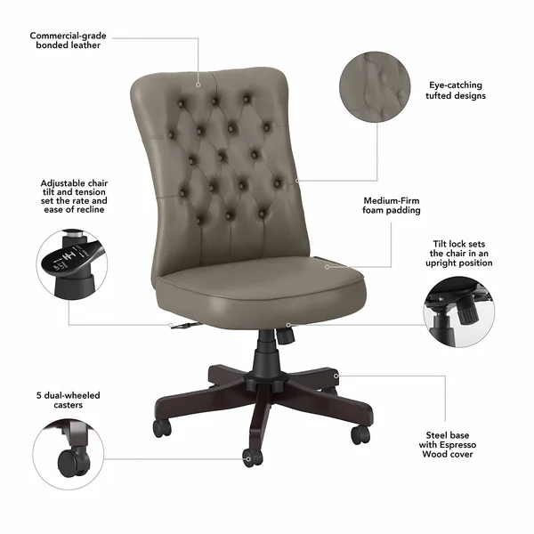 Key West High Back Tufted Office Chair by Bush Furniture - Light Gray