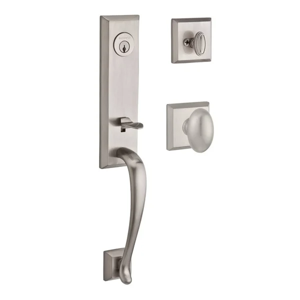 Baldwin Del Mar Single Cylinder Handleset with Ellipse Door Knob and Traditional Square Rose, Satin Nickel