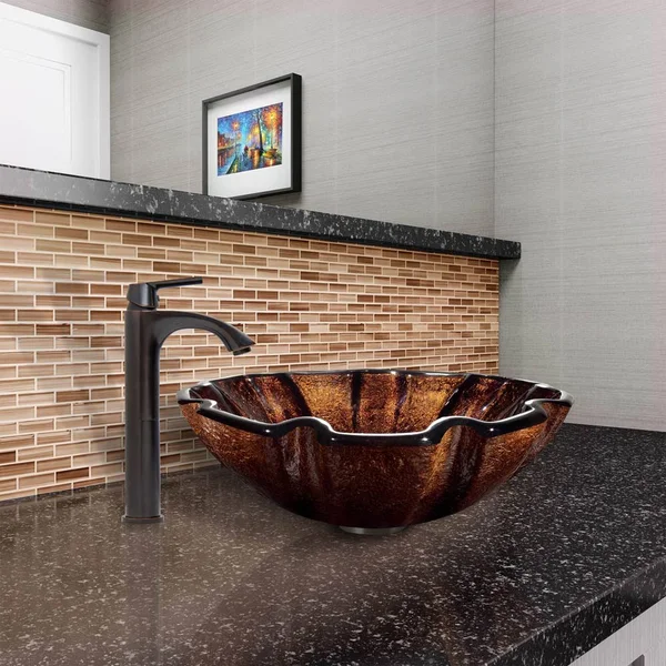 Vigo VGT421 Walnut Shell Glass Sink and Vessel Linus Faucet Set in Antique Rubbed Bronze