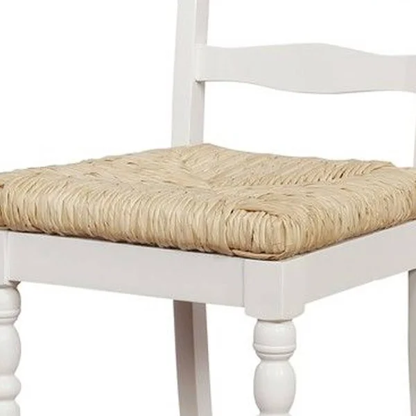 Benjara Wooden Counter Stool with Rush Woven Seat and Cut Out BACK - Beige and White