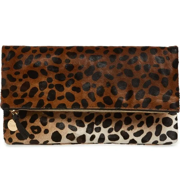 Clare V. Genuine Calf Hair Leopard Print Foldover Clutch - Brown