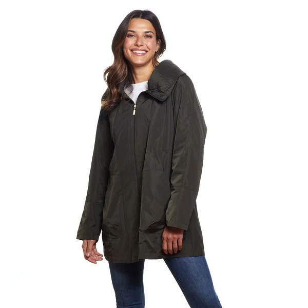 Martha Stewart Pleated Hood Rain Coat, Polyester in Deep Olive, Xs