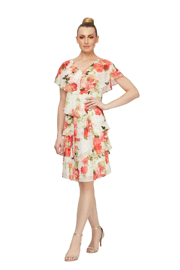 Slny Tiered Metallic Floral-Print Cocktail Dress, Ivory Multi, 16