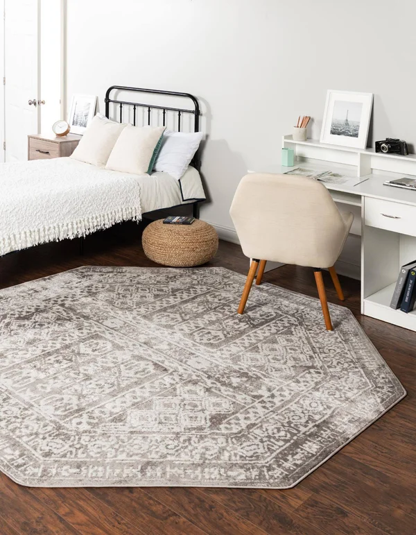 Unique Loom Oxford Intricate Design Rug 7' x 7' Octagon Gray/Ivory
