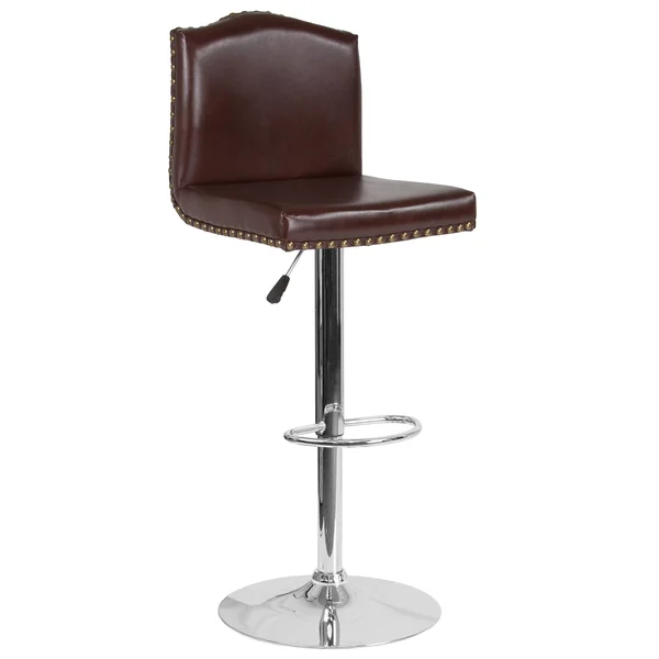 Bellagio Contemporary Adjustable Height Barstool with Accent Nail TRIM, Brown Leather
