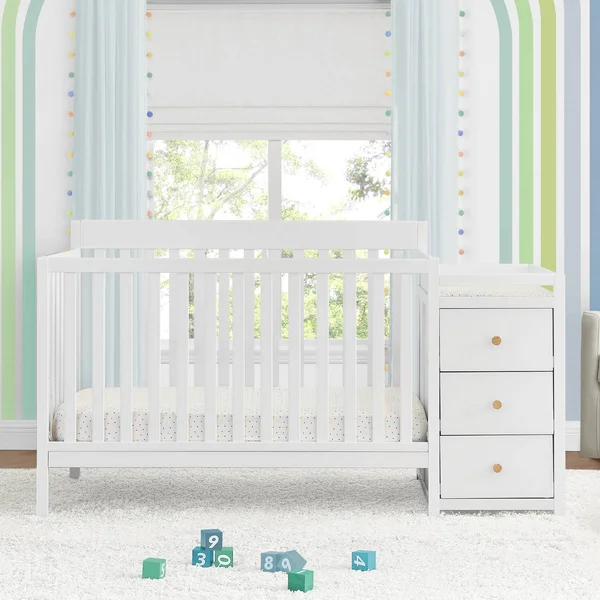 Delta Children Flynn Convertible Crib and Changer - Bianca White/Natural Knobs