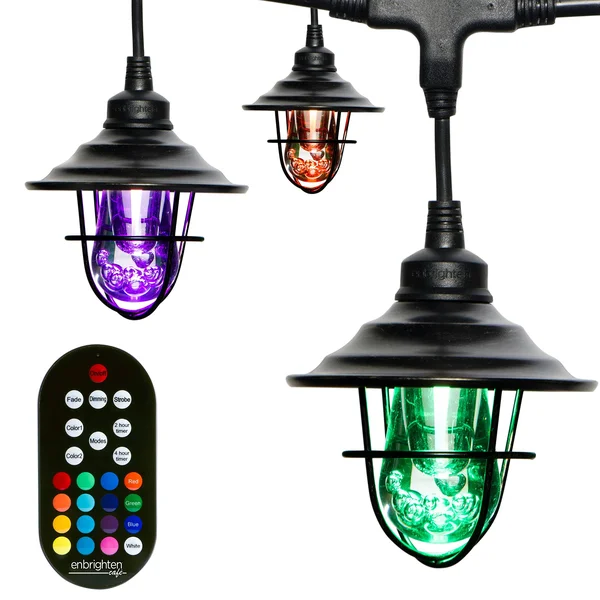 Enbrighten Seasons LED Warm White & Color Changing Café String Lights with Oil-Rubbed Bronze Lens Shade - Black, 48ft, 24 Imp