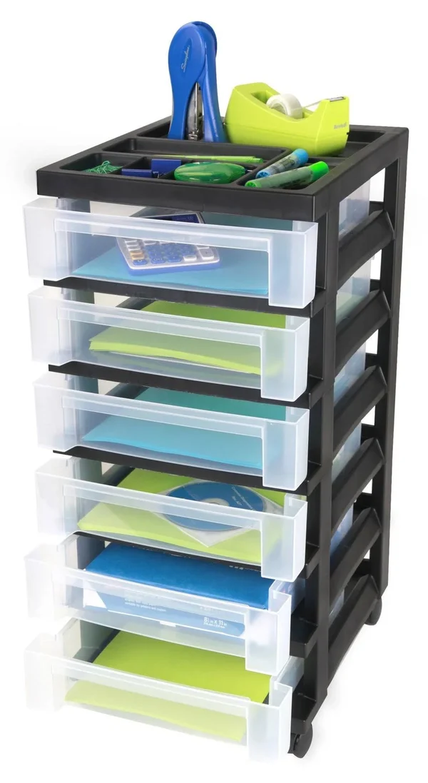 Iris 6-Drawer Storage Cart with Organizer Top Black
