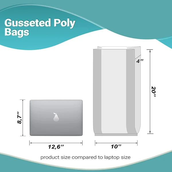 1000 Pack Clear Jumbo Gusseted Poly Bags 10x22 x 4x22 x 20x22 1 Mil