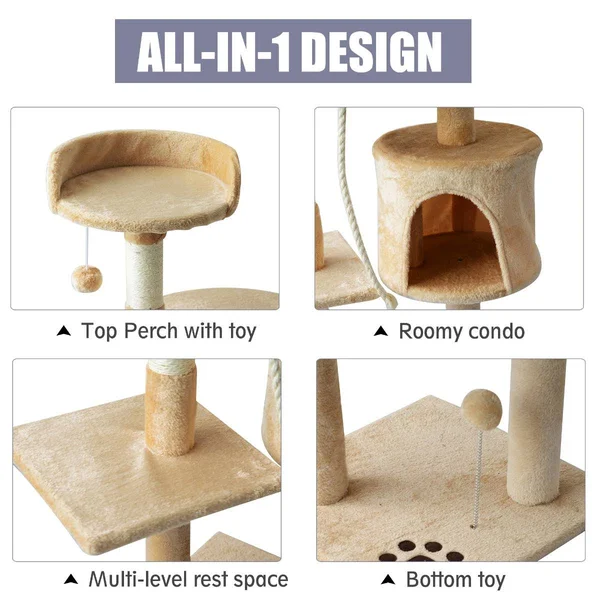 PawHut 45x22 Plush Sturdy Interactive Cat Condo Tower Scratching Post Activity Tree House - Beige - White