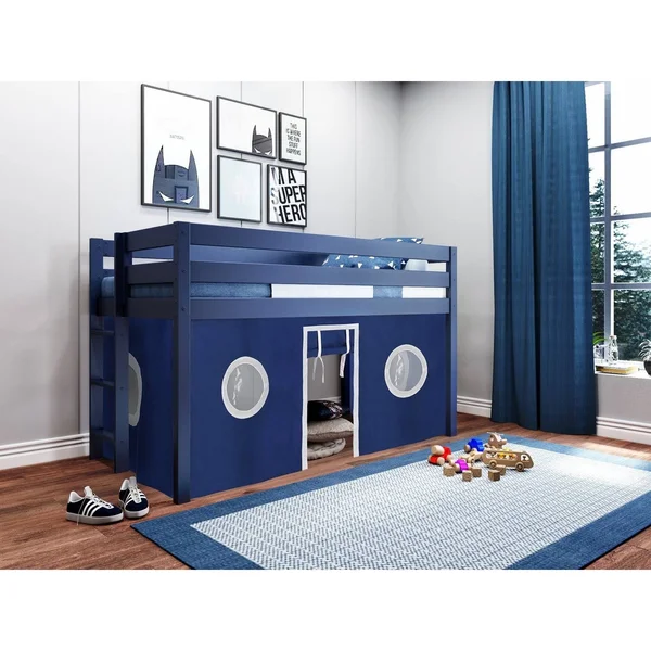 Jackpot! Contemporary Low Loft Bed with End Ladder - Twin, White with Blue & White Tent