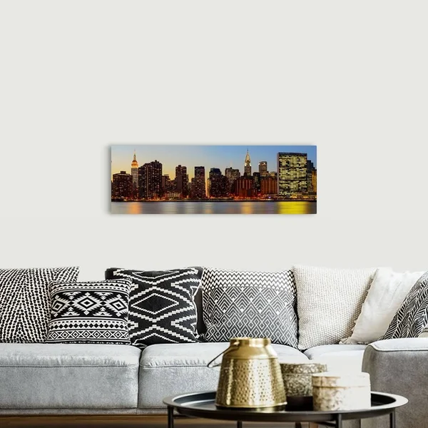 Manhattan Panoramic View with Un from Long Island City at Night, Canvas Wall Art, 48x16, Great Big Canvas