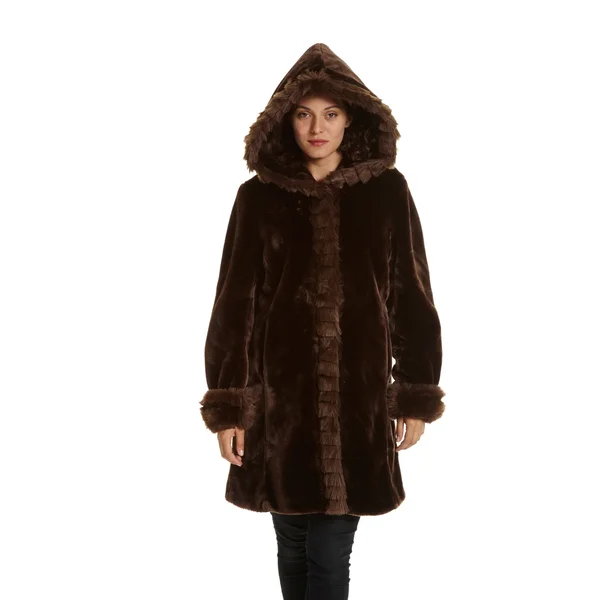 Excelled Women's Faux Fur Hooded 3/4 Length Coat (Black - Small)