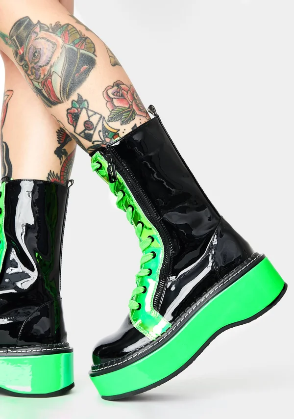 Demonia Women's Emily 350 UV Platform Mid Calf Boot, Size: 10, Black Patent/UV Neon Pink