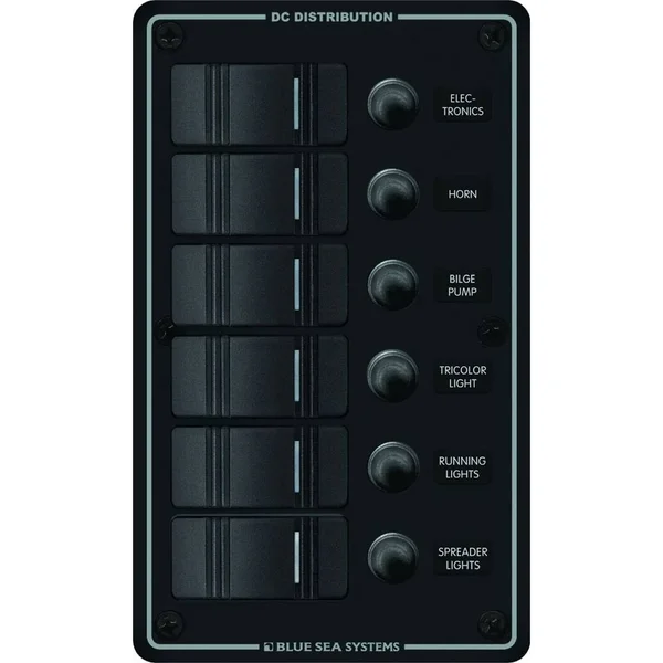 Blue Sea 8373 Water Resistant 6 Position Panel - Black, Vertical Mount, 12 V