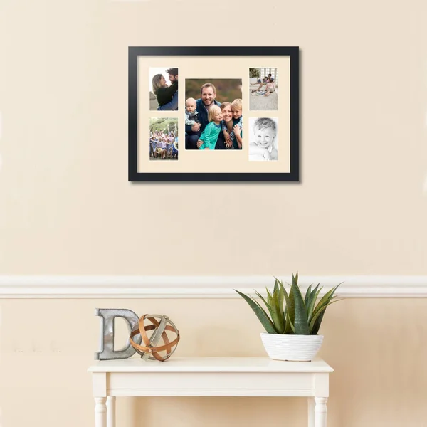 Collage Picture Frame, Satin Black Frame with 5 openings for 8x10 Photos with Pink Alabaster Mat. D3926DE1325, ArtToFrames