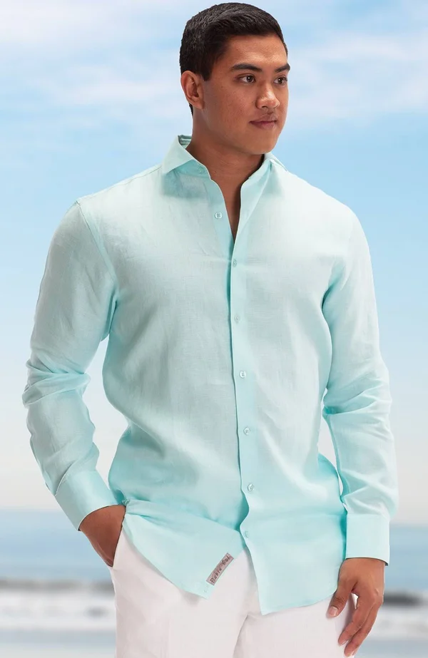 Men's Short Sleeve Linen Beach Wedding Shirt in Spa Green