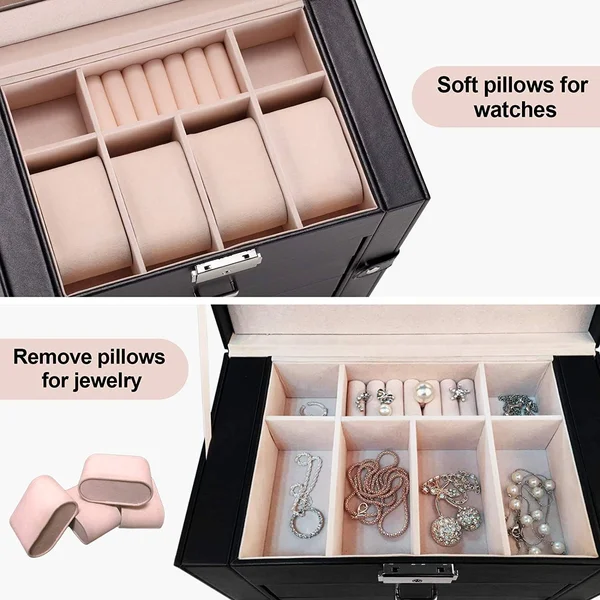 Homde Synthetic Leather Huge Jewelry Box Mirrored Watch Organizer Necklace Ring Earring Storage Lockable Gift Case (Black)